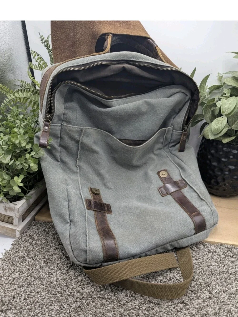 ROCKCOW Canvas Genuine Leather Travel Bag Backpack Carry On Blue Green Gray ****